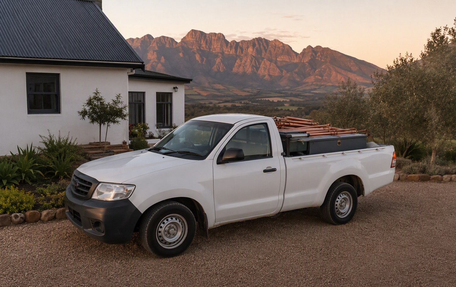 Sannies Loodgieter se bakkie by 'n huis in die Breede Vallei